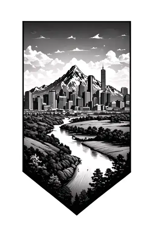 mountains transitioning to feilds and then the austin texas skyline tattoo design idea