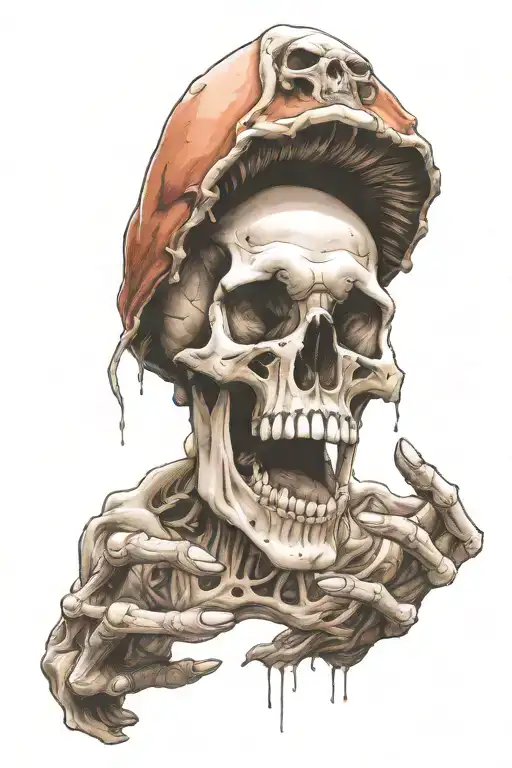 mushroom skull screaming from alien hand pulling back the cap tattoo design idea