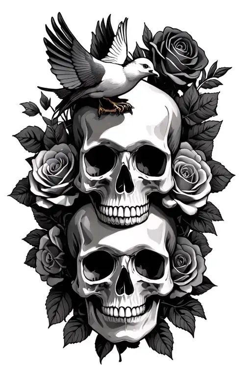 skull roses with 2 doves tattoo design idea