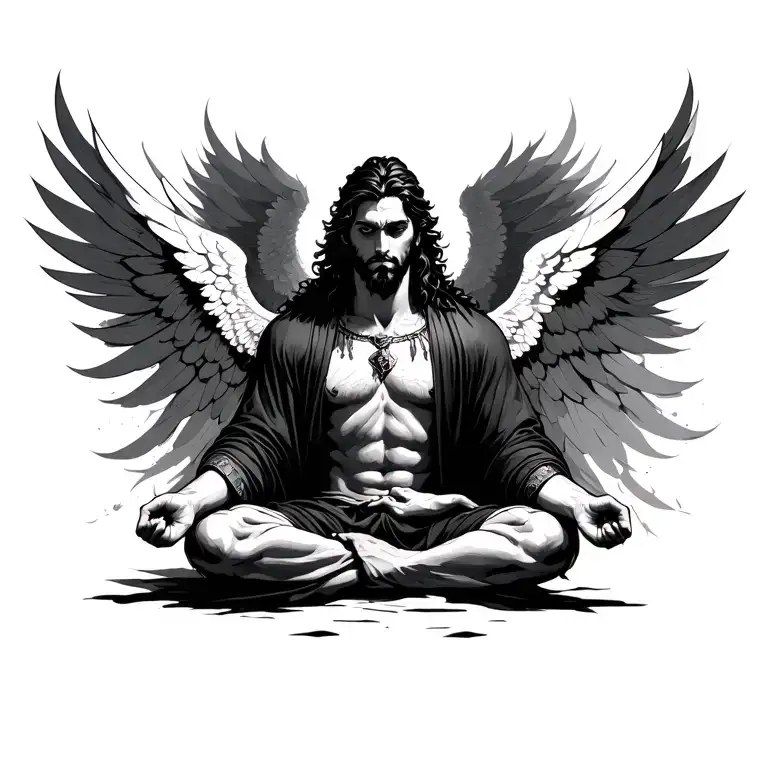 male angelic warrior meditating tattoo design idea