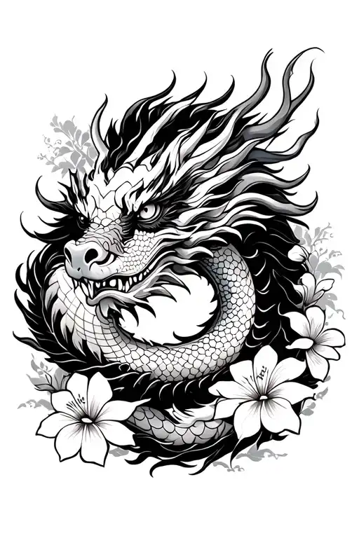 A Japanese dragon with Hawaiian flowers around it tattoo design idea
