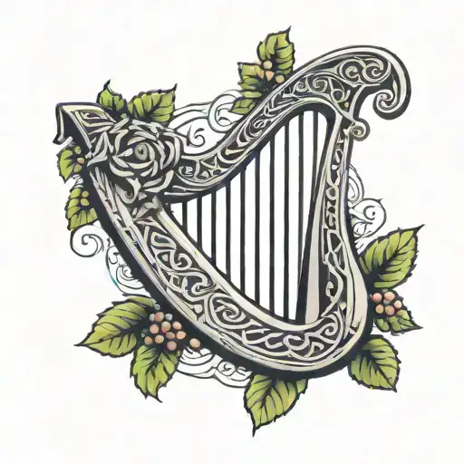 triangle shaped elegant celtic, ancient irish harp with grapevine leafs growing tattoo design idea