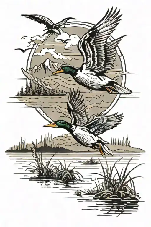 ducks landing on water with tall grass and mountains in the background  tattoo design idea