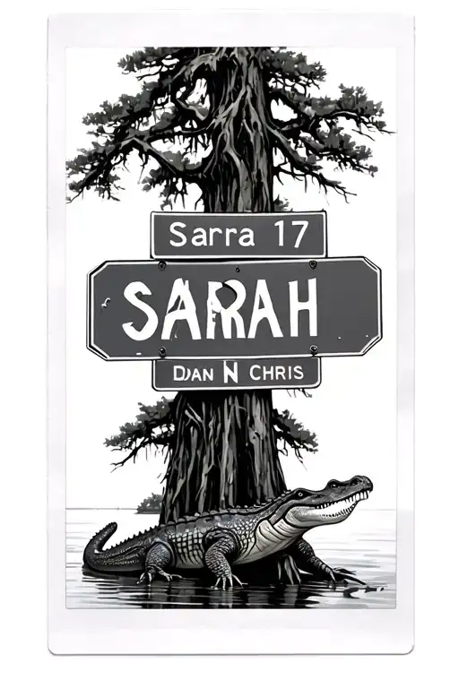  Polaroid pictures of bayou cypress tree and gator. street sign Sarah, Sam, Dan, Chris. With route 127 highway sign.  tattoo design idea