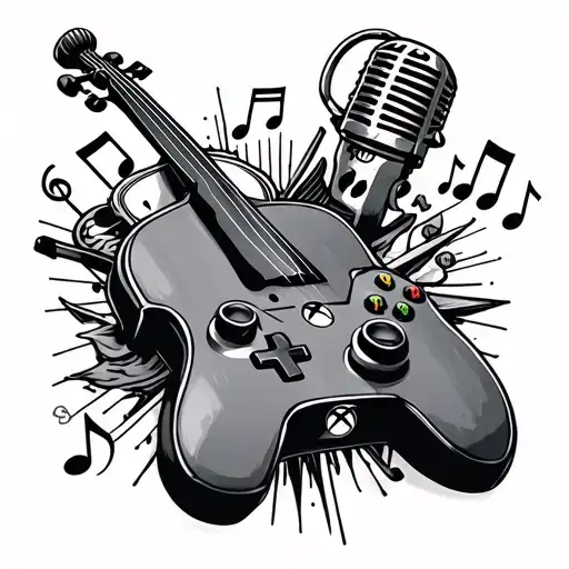 Arm tattoo with compass, Xbox controller, a violin, music notes, a microphone tattoo design idea