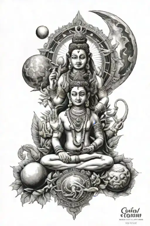 moon cycle, planets with lord shiva, parvathy, ganesha and muruka tattoo design idea