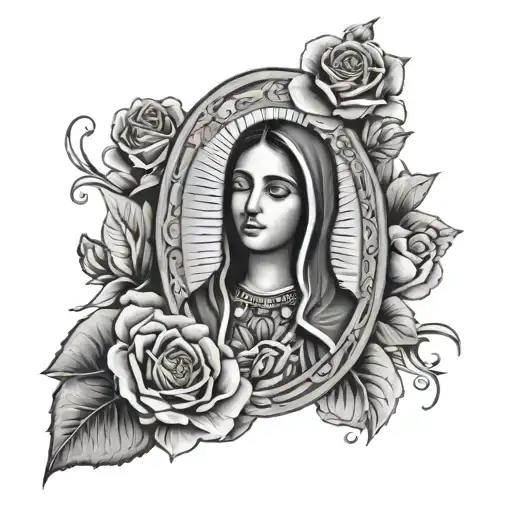 la virgin de Guadalupe Mexican with roses tattoo design idea