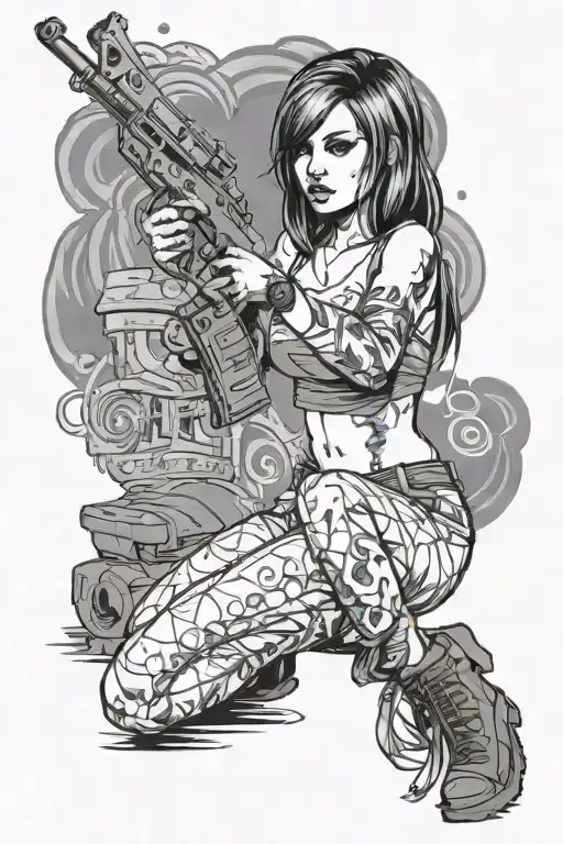 a beautiful girl is sitting on one knee, a gun in her hands, smoke coming out of it, she is in panties and a light top tattoo design idea