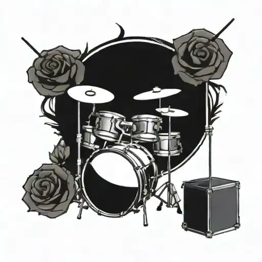 drumset with roses boombox playing 90s tattoo design idea