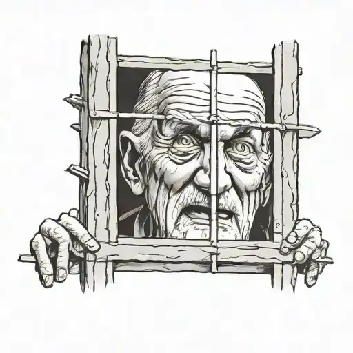 creepy old man peeking from prison cell window  tattoo design idea
