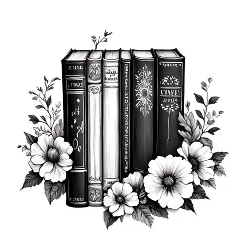 dark romance books surrounded by florals tattoo design idea