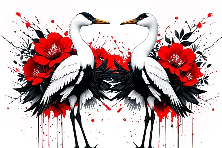 two cranes and flowers blooming tattoo design idea