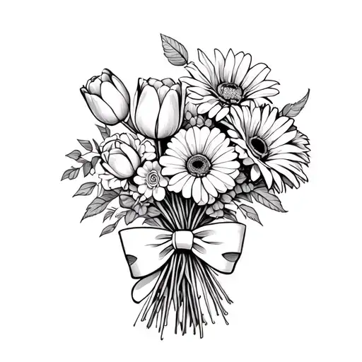 Boquet flowers with tulip and rose and gerbera flower intertwined with bow. tattoo design idea