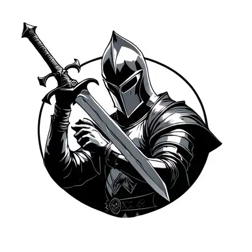 a knight holding a sword downward with his head tilted slightly up, cybersigilisim, black silhouette tattoo design idea