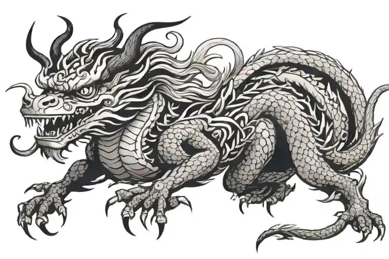 Chinese traditional b&w dragon without wings with long body, 2D styled  tattoo design idea