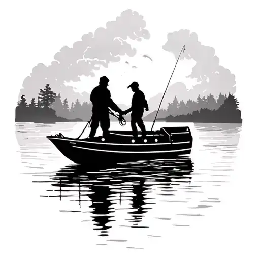 river boat with two shadows of father and son fishing off the boat tattoo design idea