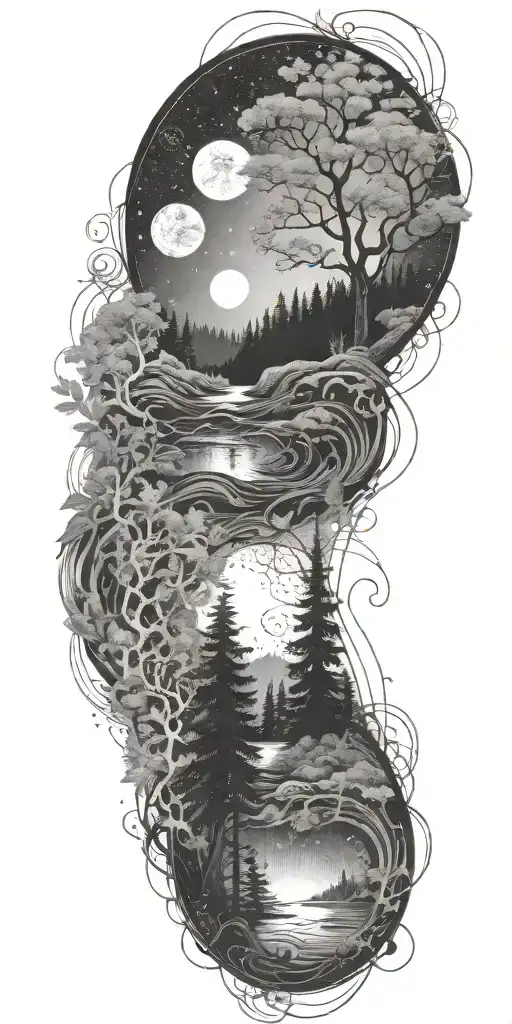 flowing waves, surrounded by a mystical forest scene, with subtle elements of sacred geometry and glowing stars in b&w tattoo design idea