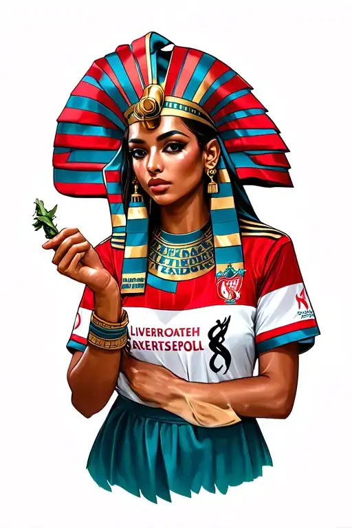 pharoah woman wearing liverpool jersey and holding a joint in hand. tattoo design idea