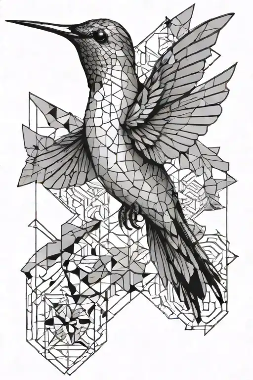 a masculine hummingbird that is flying with geometric fine lines and shapes behind it all in black and white tattoo design idea