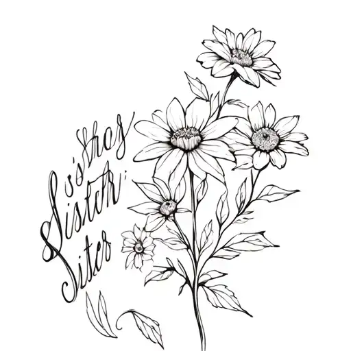 Cosmo flower growing out of the word sister  tattoo design idea