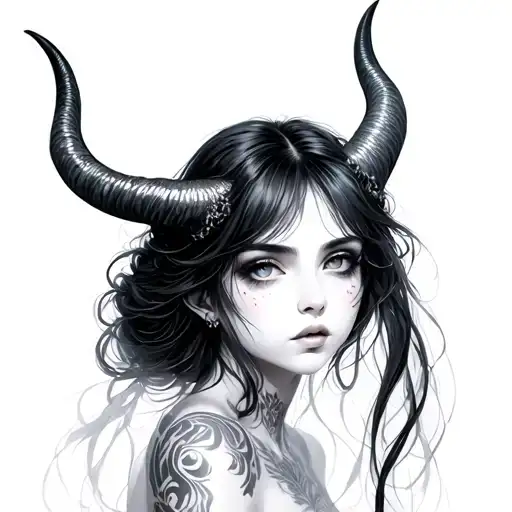 ethereal young woman with soft,kind-hearted eyes gazing gently forward, framed by stright hair and elegant curved horns tattoo design idea