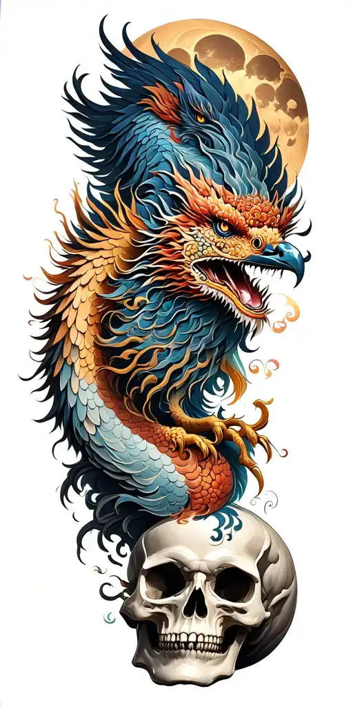 Chinese dragon and phoenix and skull and moon and raven tattoo design idea