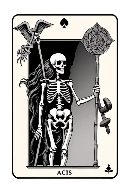 female skeleton in a tarot card, in one hand holding the rod of Asclepius and in the other hand holding a dumbell tattoo design idea