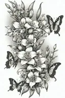 snow drop, larkspur, and gladiolus flower bouquet with butterflies tattoo design idea