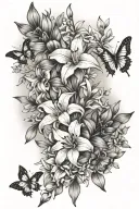 snow drop, larkspur, and gladiolus flower bouquet with butterflies tattoo design idea