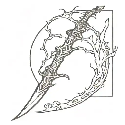 haotic gothic hell curved blade with bloodytree shape and made with a lot of roots and text orgasm donor cyber sigilism tattoo design idea
