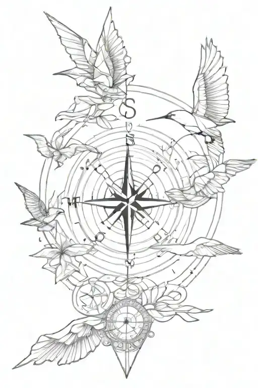 compass, hourglass, origami crane tattoo design idea