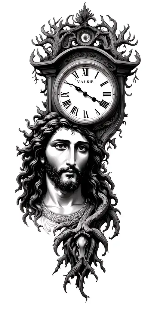 old clock with jesus face. a black cro and the face of a beautiful woman with the name valarie. tribal look narrled tree tattoo design idea