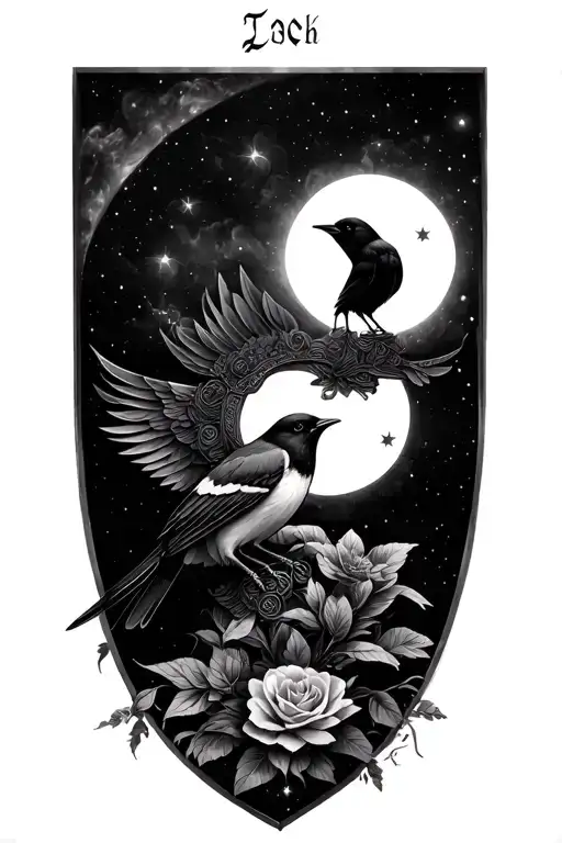 Triple Moon goddess magpie perched tattoo design idea