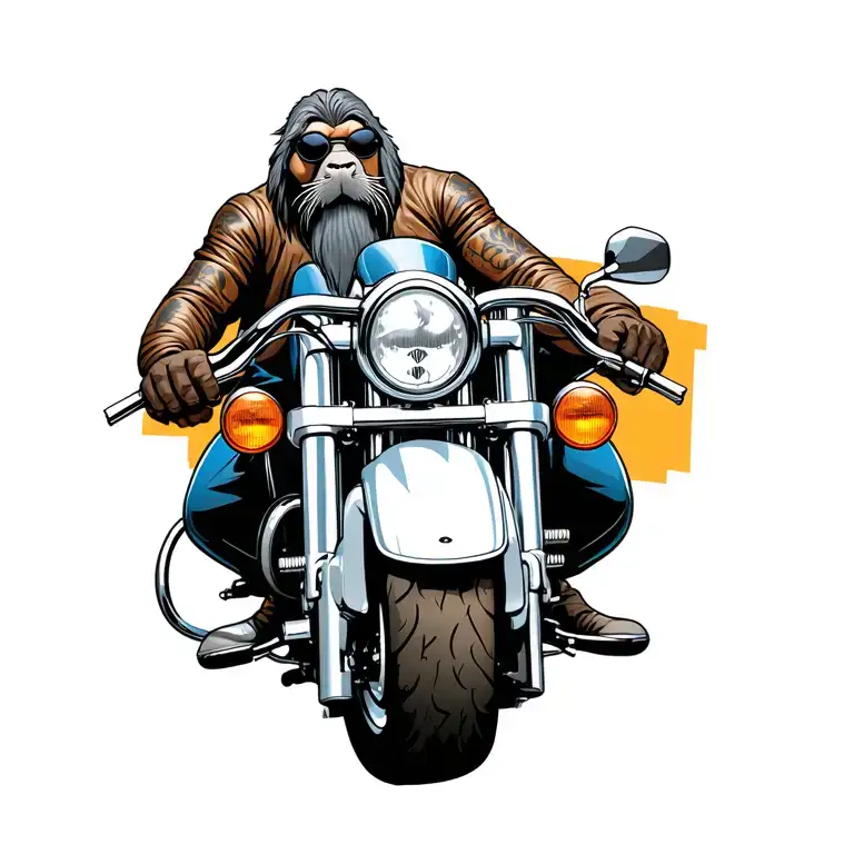create an image of a male walrus biker with leathers, sunglasses and long grey goatee riding a harley ultra limited with tattoo design idea