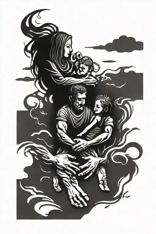 Midnight, dark spirit, family, my wife and child holding hands tattoo design idea