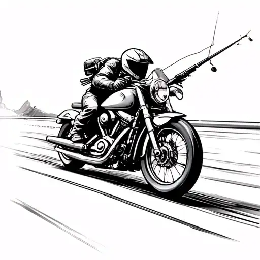 A detailed blackwork tattoo of a motorcycle speeding down a twisting road, with a fishing rod strapped to the back tattoo design idea