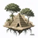 tree roots growing into ancient pyramids. feature hieroglyphs, with a painting-like style that includes paint splatter tattoo design idea