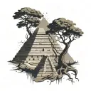 tree roots growing into ancient pyramids. feature hieroglyphs, with a painting-like style that includes paint splatter tattoo design idea