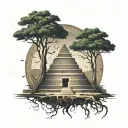 tree roots growing into ancient pyramids. feature hieroglyphs, with a painting-like style that includes paint splatter tattoo design idea