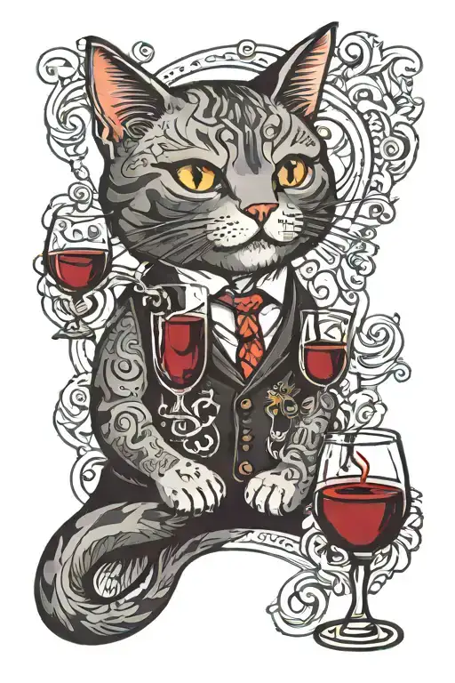 a cat holding a red wine glass tattoo design idea