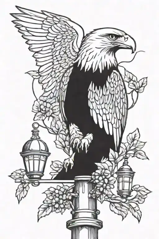 A blackwork tattoo of a majestic eagle perched on top of an anti-squirrel bird feeder on a lamppost tattoo design idea