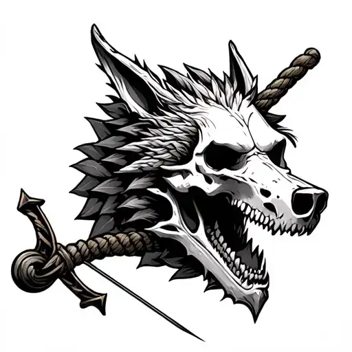 cross bow, granade, rope trap, wolf skull, dragon skull, laurel tattoo design idea