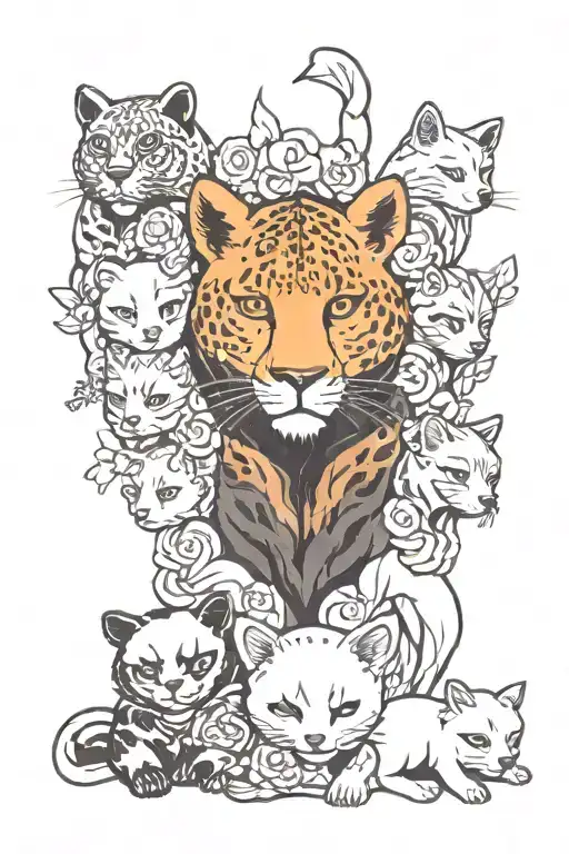 a black panther, a bear, a cat, a fox and a baby bear tattoo design idea