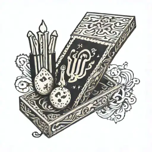matchbox with various lucky symbols on the packaging and one lit match tattoo design idea