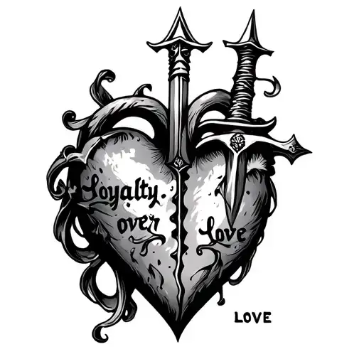 a heart with a dagger stabbed into it and the words loyalty over love around the heart tattoo design idea