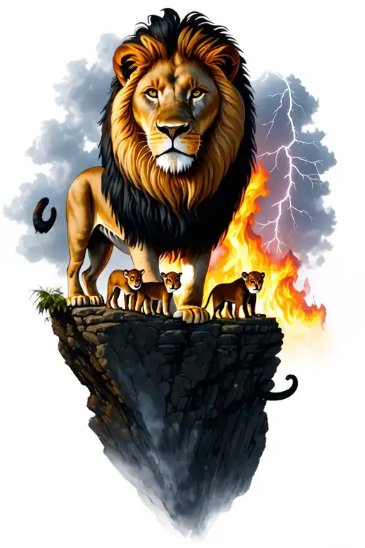 lion with 3 cubs on a cliff over looking fire in a lightning storm tattoo design idea