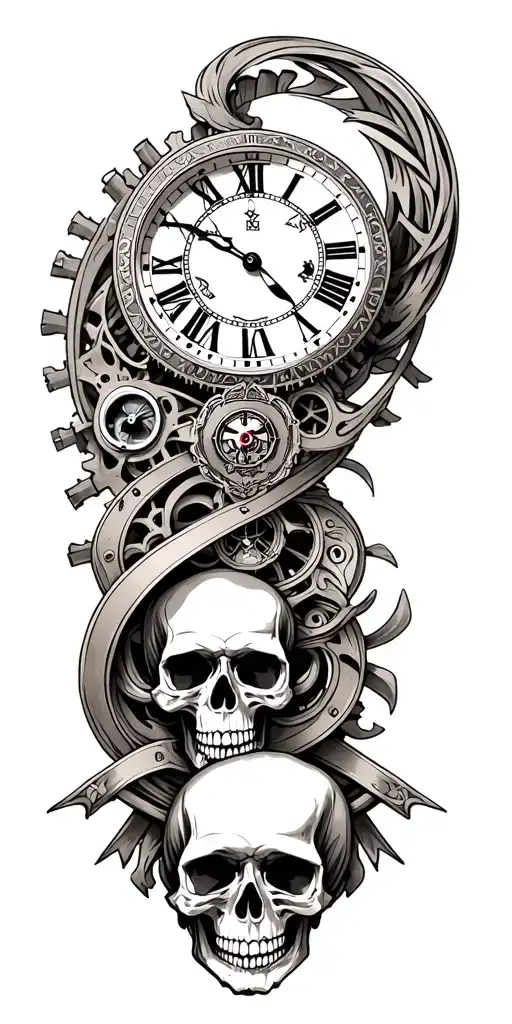 An intricate clockwork design intertwined with military insignia and skulls tattoo design idea
