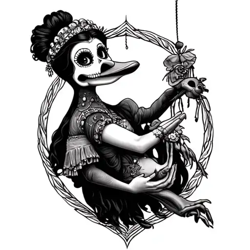 Highly detailed tattoo design for a forearm: a Mexican Catrina controlling something like a puppet. The puppet is Daffy  tattoo design idea
