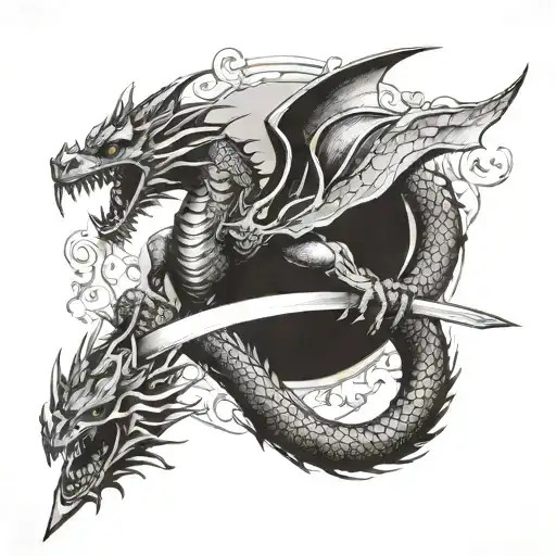 A fierce dragon wrapped around a katana sword, soaring through the sky tattoo design idea