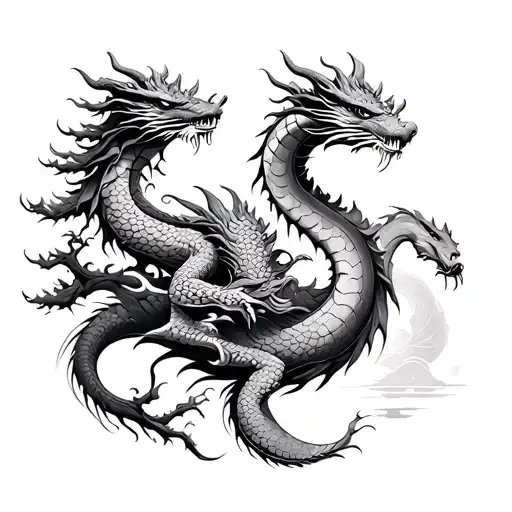 japanese nature elements like trees dragons, sea animals. tattoo design idea